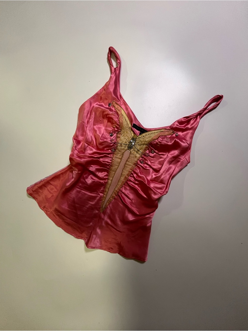 sandra angelozzi silk pink butterfly beaded top